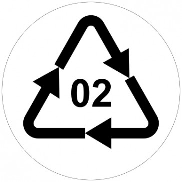 Aufkleber Recycling Code 02 · PEHD · High Density Polyethylen (hochdichtes Polyethylen) | rund · weiß | stark haftend