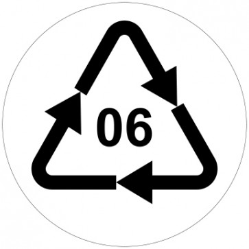 Aufkleber Recycling Code 06 · PS · Polystyrol | rund · weiß | stark haftend