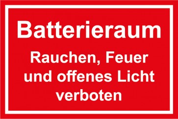 Schild Batterieraum · Rauchen, Feuer und offenes Licht verboten! weiss · rot | selbstklebend