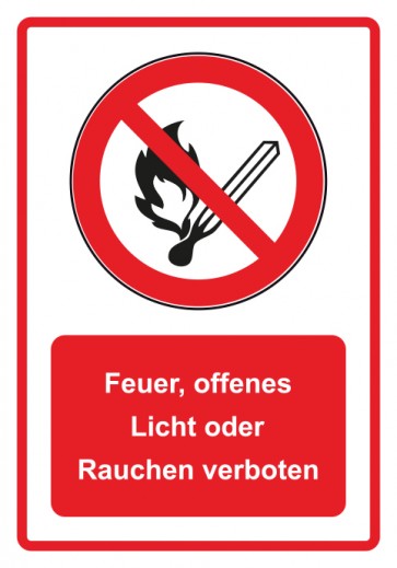 Schild Verbotszeichen Piktogramm & Text deutsch · Feuer offenes Licht oder Rauchen verboten · rot | selbstklebend (Verbotsschild)