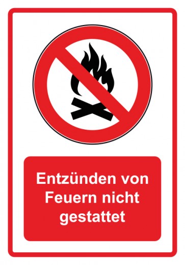 Schild Verbotszeichen Piktogramm & Text deutsch · Entzünden von Feuern nicht gestattet · rot | selbstklebend (Verbotsschild)