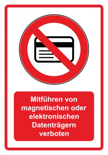 Schild Verbotszeichen Piktogramm & Text deutsch · Mitführen von magnetischen oder elektronischen Datenträgern verboten · rot | selbstklebend (Verbotsschild)