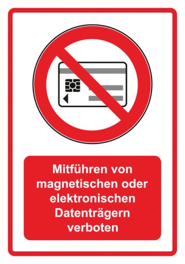 Schild Verbotszeichen Piktogramm & Text deutsch · Mitführen von magnetischen oder elektronischen Datenträgern verboten · rot | selbstklebend (Verbotsschild)