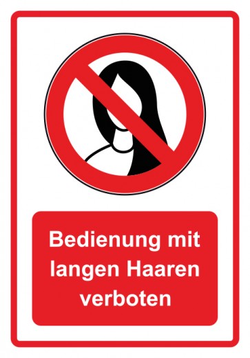 Aufkleber Verbotszeichen Piktogramm & Text deutsch · Bedienung mit langen Haaren verboten · rot (Verbotsaufkleber)