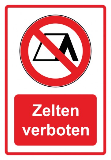 Schild Verbotszeichen Piktogramm & Text deutsch · Zelten verboten · rot (Verbotsschild)