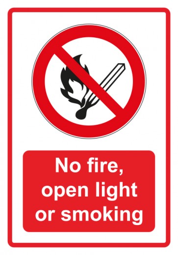 Schild Verbotszeichen Piktogramm & Text englisch · No fire, open light or smoking · rot | selbstklebend