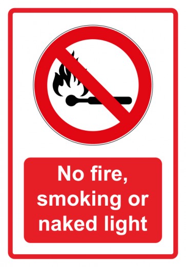 Schild Verbotszeichen Piktogramm & Text englisch · No fire, smoking or naked light · rot (Verbotsschild)