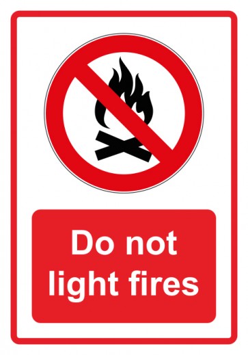 Schild Verbotszeichen Piktogramm & Text englisch · Do not light fires · rot (Verbotsschild)