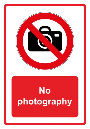 Schild Verbotszeichen Piktogramm & Text englisch · No photography · rot (Verbotsschild)