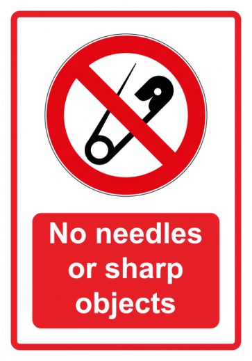 Aufkleber Verbotszeichen Piktogramm & Text englisch · No needles or sharp objects · rot (Verbotsaufkleber)
