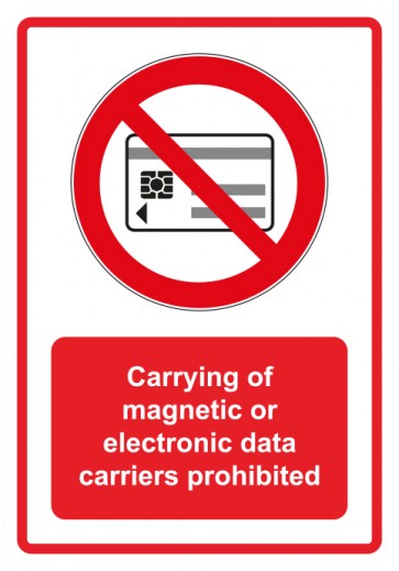 Schild Verbotszeichen Piktogramm & Text englisch · Carrying of magnetic or electronic data carriers prohibited · rot | selbstklebend (Verbotsschild)