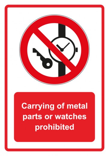 Aufkleber Verbotszeichen Piktogramm & Text englisch · Carrying of metal parts or watches prohibited · rot (Verbotsaufkleber)