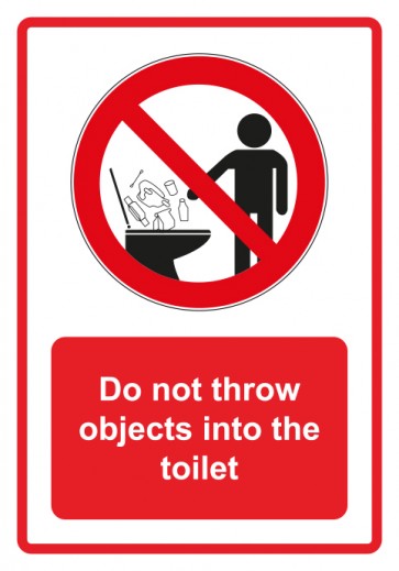Schild Verbotszeichen Piktogramm & Text englisch · Do not throw objects into the toilet · rot (Verbotsschild)