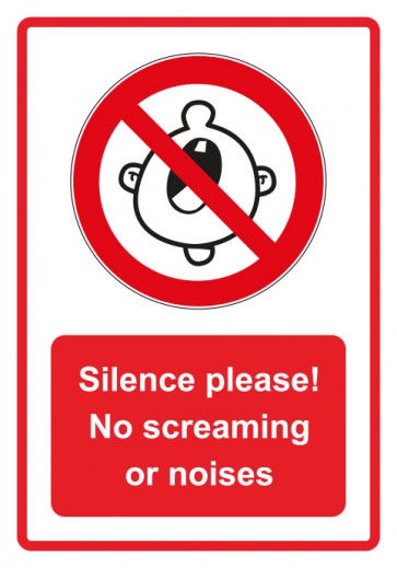 Aufkleber Verbotszeichen Piktogramm & Text englisch · Silence please! No screaming or noises · rot (Verbotsaufkleber)