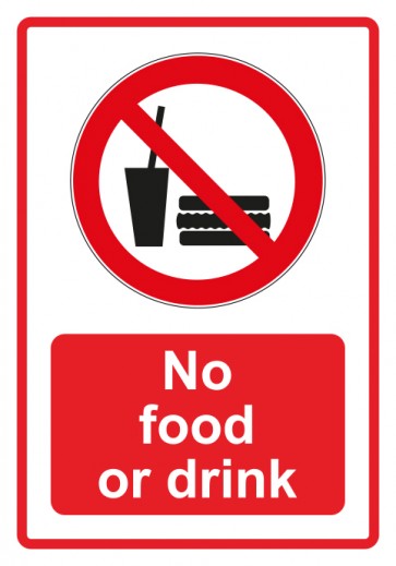 Schild Verbotszeichen Piktogramm & Text englisch · No food or drink · rot | selbstklebend (Verbotsschild)