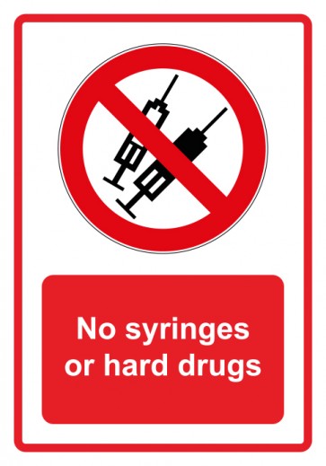 Aufkleber Verbotszeichen Piktogramm & Text englisch · No syringes or hard drugs · rot | stark haftend (Verbotsaufkleber)