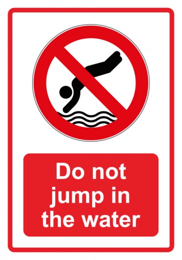 Schild Verbotszeichen Piktogramm & Text englisch · Do not jump in the water · rot (Verbotsschild)