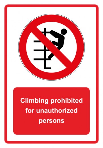 Schild Verbotszeichen Piktogramm & Text englisch · Climbing prohibited for unauthorized persons · rot | selbstklebend (Verbotsschild)