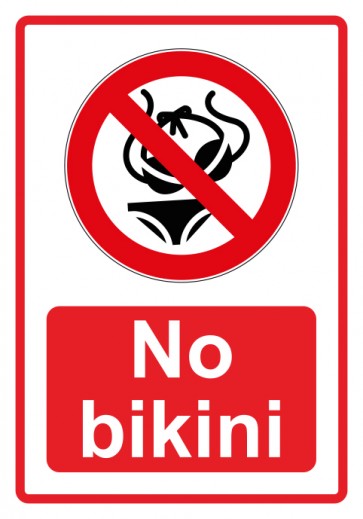 Schild Verbotszeichen Piktogramm & Text englisch · No bikini · rot (Verbotsschild)
