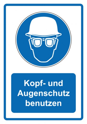 Schild Gebotzeichen Piktogramm & Text deutsch · Kopf- und Augenschutz benutzen · blau (Gebotsschild)