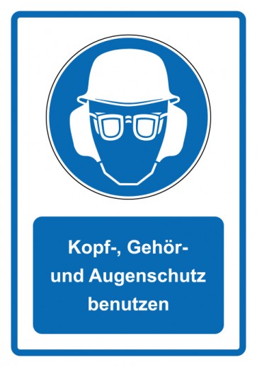 Schild Gebotszeichen Piktogramm & Text deutsch · Kopf-, Gehör- und Augenschutz benutzen · blau | selbstklebend (Gebotsschild)