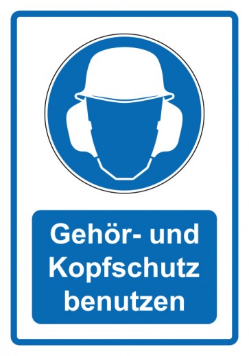 Schild Gebotzeichen Piktogramm & Text deutsch · Gehör- und Kopfschutz benutzen · blau (Gebotsschild)