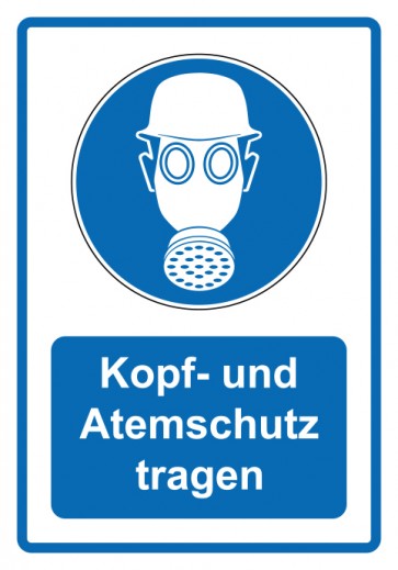 Schild Gebotzeichen Piktogramm & Text deutsch · Kopf- und Atemschutz tragen · blau (Gebotsschild)