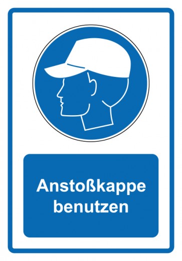 Aufkleber Gebotszeichen Piktogramm & Text deutsch · Anstoßkappe benutzen · blau (Gebotsaufkleber)