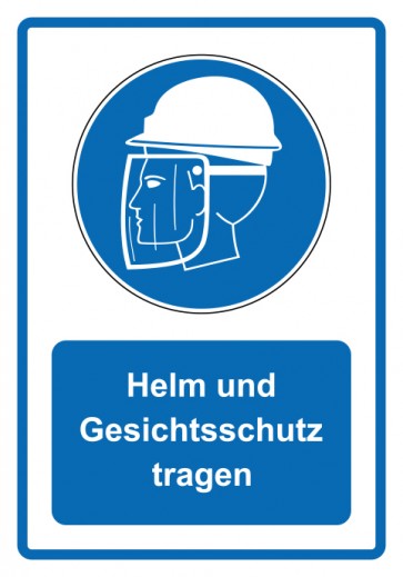Schild Gebotszeichen Piktogramm & Text deutsch · Helm und Gesichtsschutz tragen · blau | selbstklebend (Gebotsschild)
