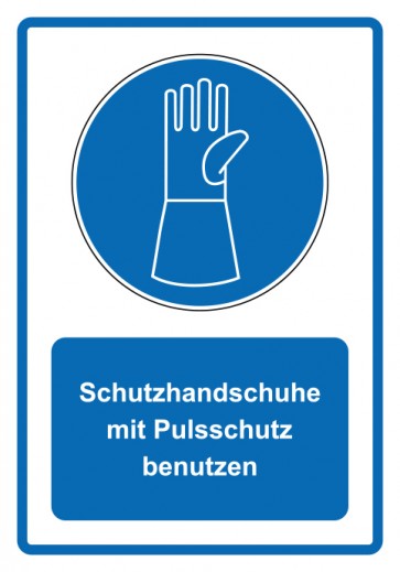 Aufkleber Gebotszeichen Piktogramm & Text deutsch · Schutzhandschuhe mit Pulsschutz benutzen · blau (Gebotsaufkleber)