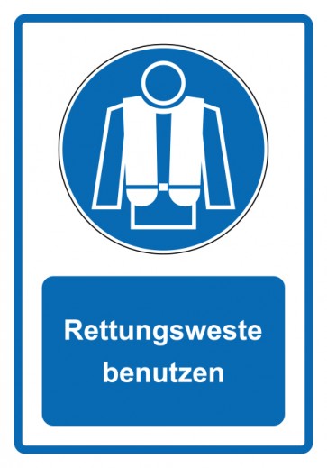 Schild Gebotszeichen Piktogramm & Text deutsch · Rettungsweste benutzen · blau | selbstklebend (Gebotsschild)