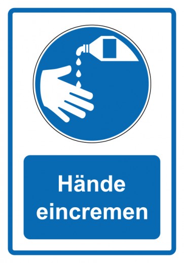 Aufkleber Gebotszeichen Piktogramm & Text deutsch · Hände eincremen · blau (Gebotsaufkleber)