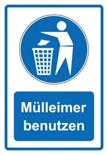 Schild Gebotszeichen Piktogramm & Text deutsch · Mülleimer benutzen · blau | selbstklebend (Gebotsschild)