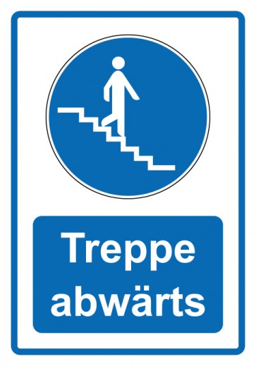 Schild Gebotzeichen Piktogramm & Text deutsch · Treppe abwärts · blau (Gebotsschild)