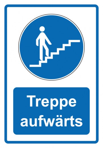 Schild Gebotzeichen Piktogramm & Text deutsch · Treppe aufwärts · blau (Gebotsschild)