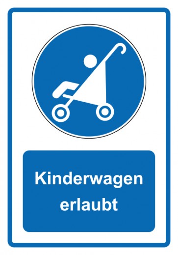 Aufkleber Gebotszeichen Piktogramm & Text deutsch · Kinderwagen erlaubt · blau (Gebotsaufkleber)