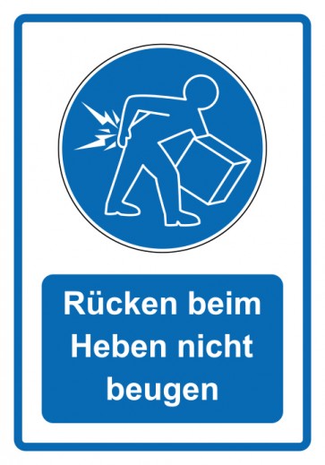 Schild Gebotszeichen Piktogramm & Text deutsch · Rücken beim Heben nicht beugen · blau | selbstklebend (Gebotsschild)