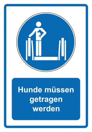 Schild Gebotszeichen Piktogramm & Text deutsch · Hunde müssen getragen werden · blau | selbstklebend