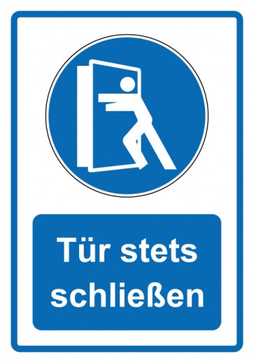 Schild Gebotszeichen Piktogramm & Text deutsch · Tür stets schließen · blau | selbstklebend (Gebotsschild)