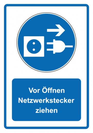 Schild Gebotzeichen Piktogramm & Text deutsch · Vor Öffnen Netzwerkstecker ziehen · blau (Gebotsschild)