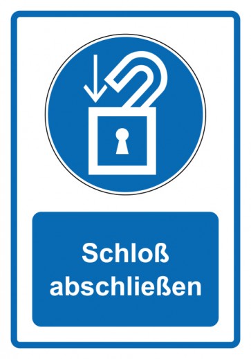 Schild Gebotzeichen Piktogramm & Text deutsch · Schloß abschließen · blau (Gebotsschild)