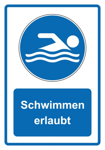 Schild Gebotzeichen Piktogramm & Text deutsch · Schwimmen erlaubt · blau (Gebotsschild)