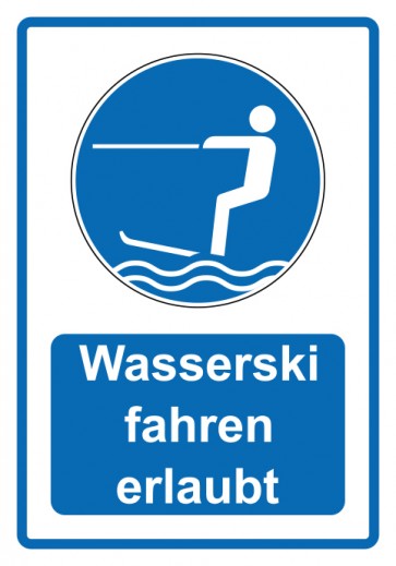 Schild Gebotszeichen Piktogramm & Text deutsch · Wasserski fahren erlaubt · blau | selbstklebend (Gebotsschild)