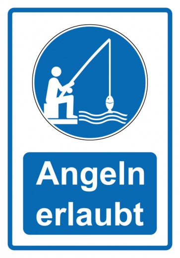 Schild Gebotszeichen Piktogramm & Text deutsch · Angeln erlaubt · blau | selbstklebend (Gebotsschild)