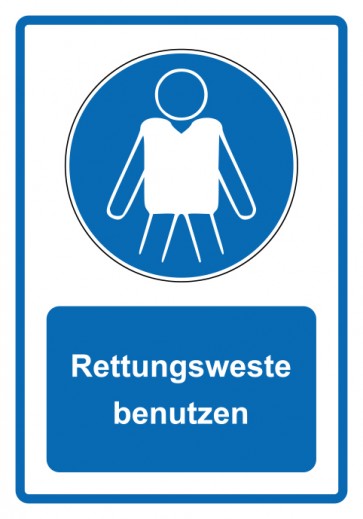 Schild Gebotzeichen Piktogramm & Text deutsch · Rettungsweste benutzen · blau (Gebotsschild)