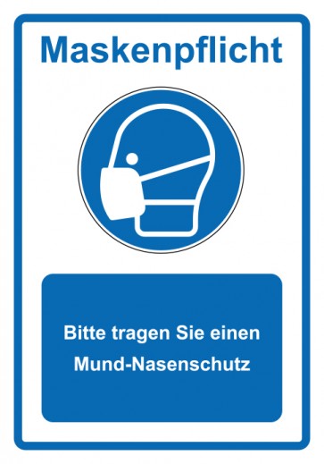 Schild Gebotzeichen Piktogramm & Text deutsch · Maskenpflicht · Bitte tragen Sie einen Mund-Nasenschutz · blau (Gebotsschild)