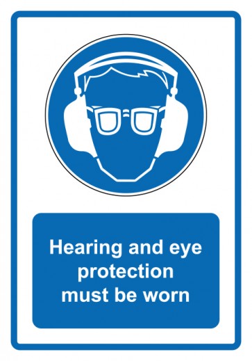 Schild Gebotzeichen Piktogramm & Text englisch · Hearing and eye protection must be worn · blau (Gebotsschild)