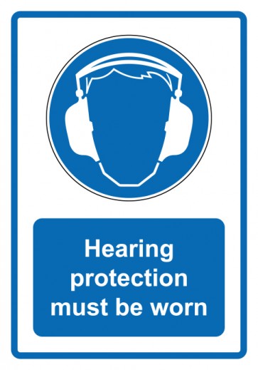 Schild Gebotszeichen Piktogramm & Text englisch · Hearing protection must be worn · blau | selbstklebend