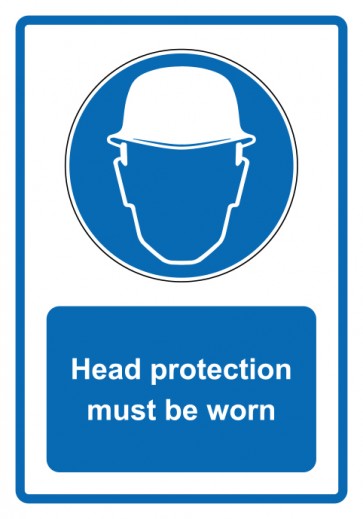 Aufkleber Gebotszeichen Piktogramm & Text englisch · Head protection must be worn · blau | stark haftend (Gebotsaufkleber)
