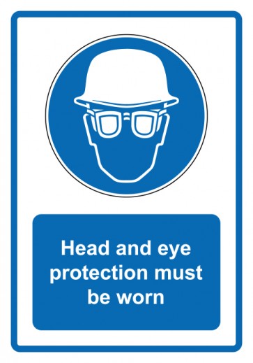 Schild Gebotzeichen Piktogramm & Text englisch · Head and eye protection must be worn · blau (Gebotsschild)